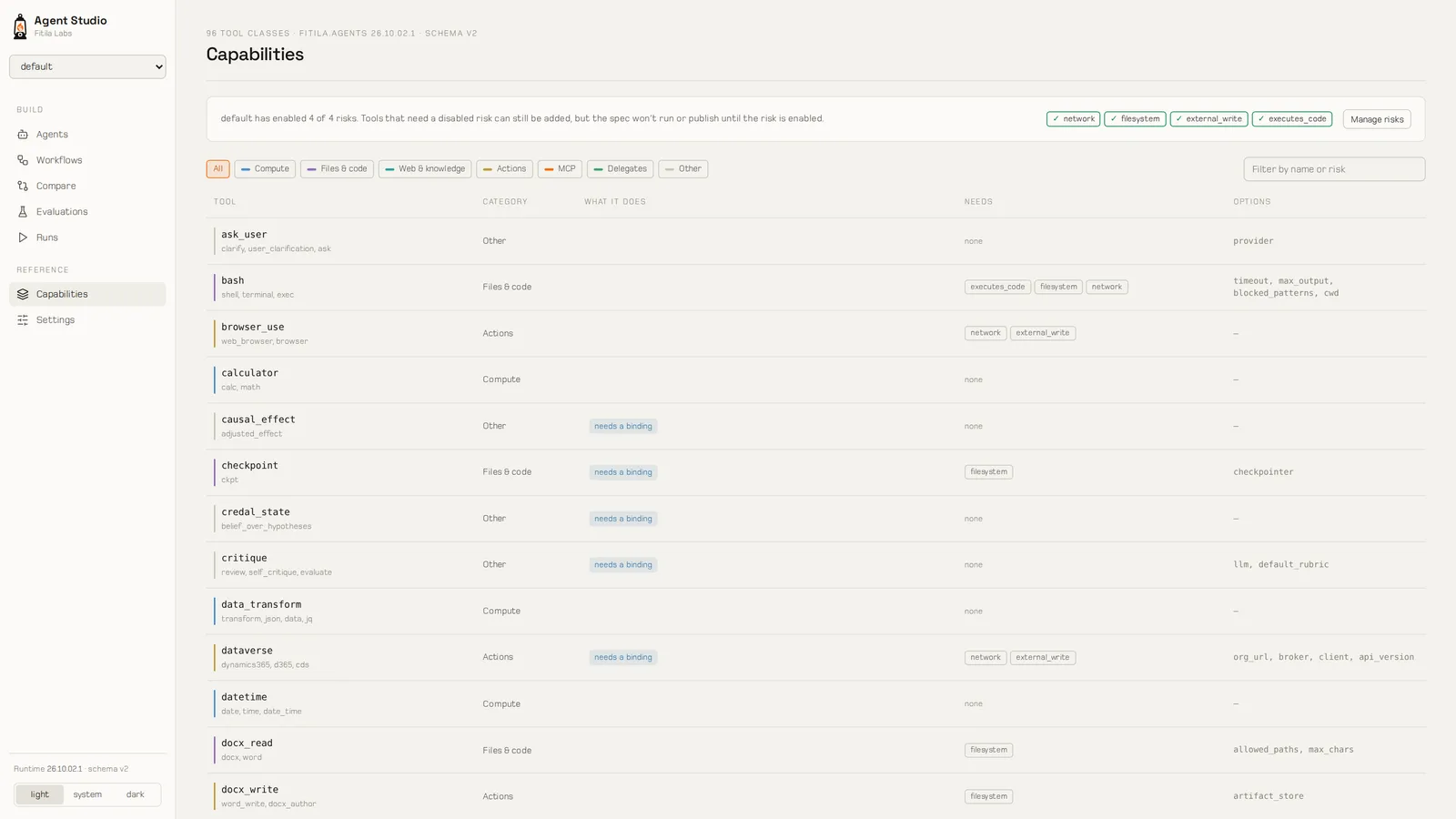 Agent Studio's capability list: every tool with its category and the risks it needs enabled