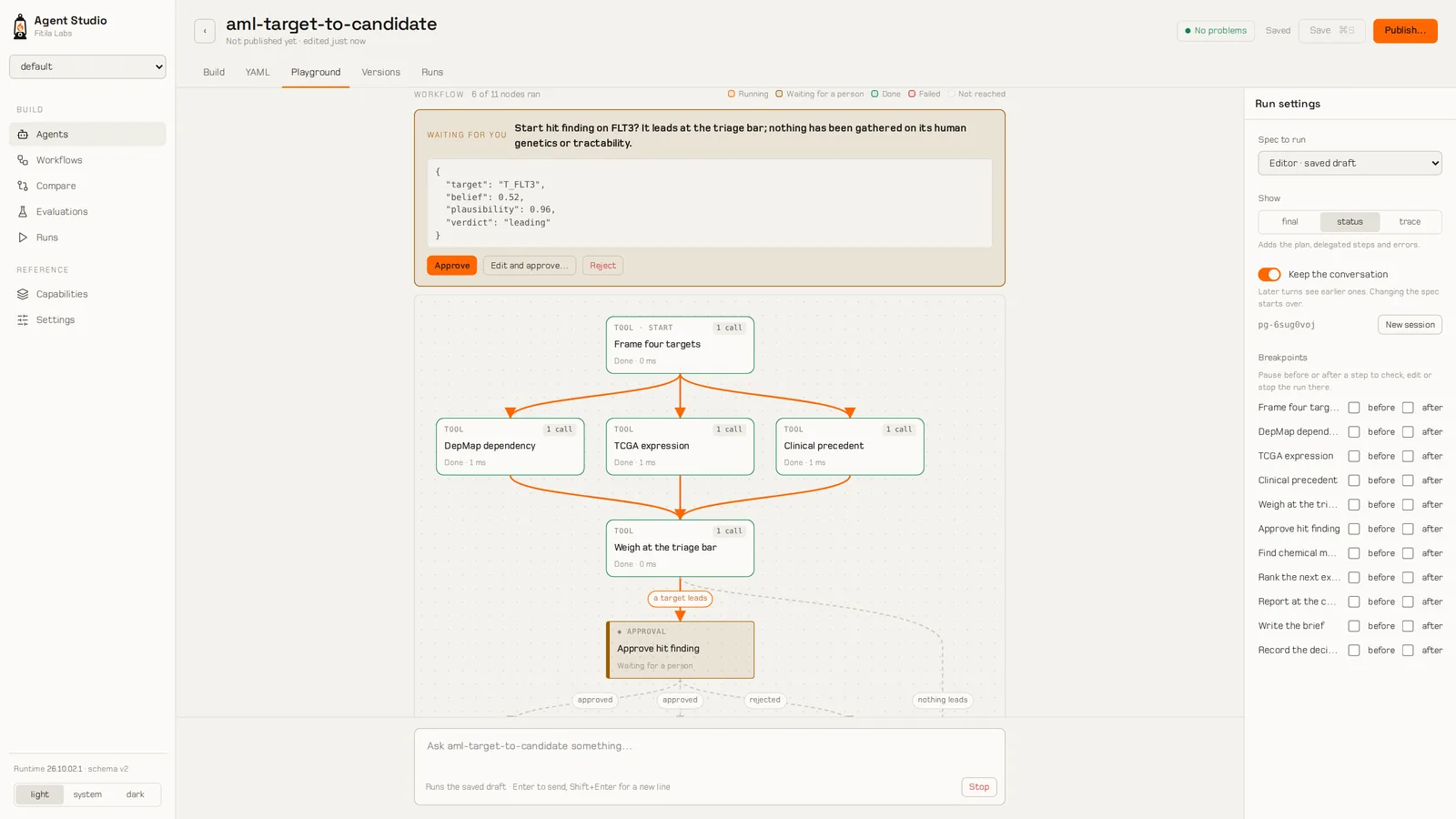 Agent Studio paused at an approval gate in the acute myeloid leukemia workflow